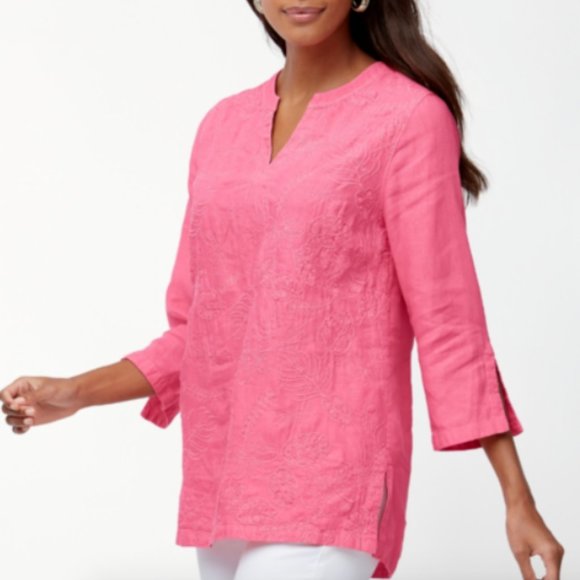 Tommy Bahama Tops - Tommy Bahama Linen Pink Embroidered Tunic Blouse